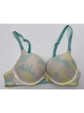 Victoria's Secret Push-Up Bra Padded Aqua Blue Yellow Camo Print Women's 32B